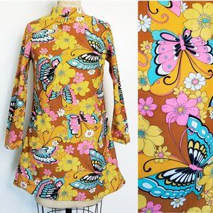 Vintage 1970s Iconic Womens Mini Dress Butterflies Flowers Mod A-line Woodstock